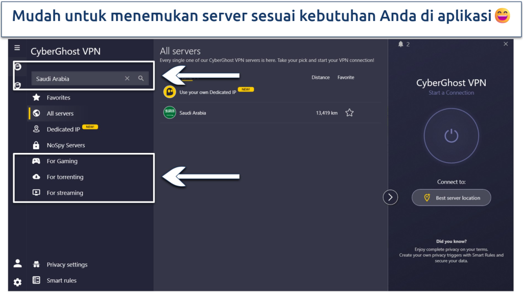 Screenshot displaying CyberGhost's Windows app with Specialty servers highlighted