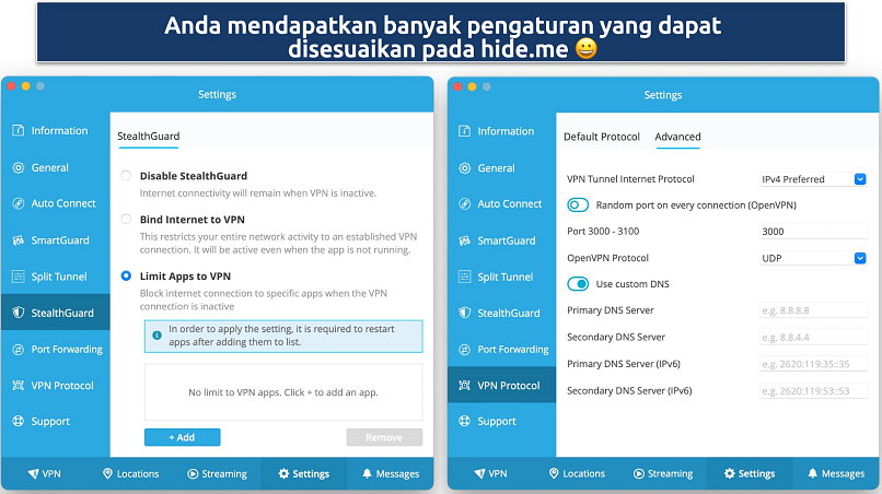 Tangkapan layar menunjukkan panel Pengaturan (Setting) pada aplikasi hide.me