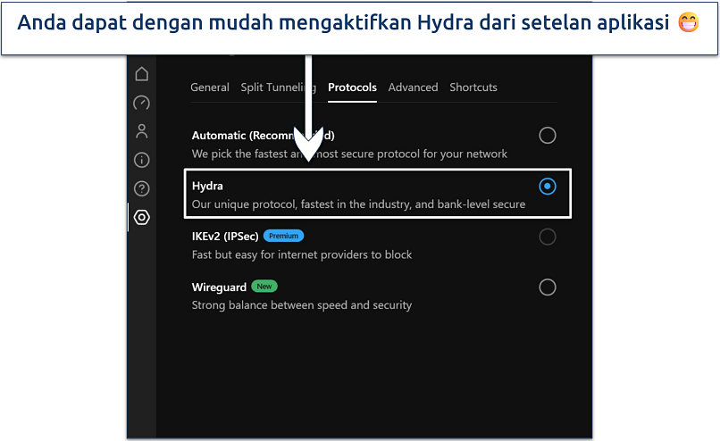 Tangkapan layar menunjukkan cara mengaktifkan protokol Hydra