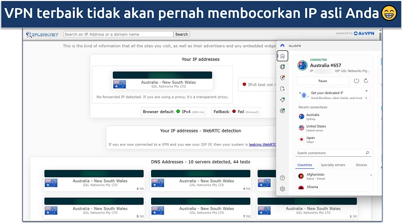 Screenshot of NordVPN's Windows app connected to the Australia Sydney server while leak tests are performed on ipleak.net