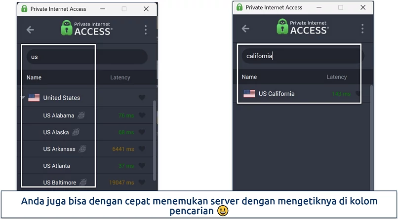 Screenshot of Private Internet Access' Windows app highlighting how to use the server search bar