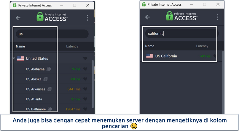 Screenshot of Private Internet Access' Windows app highlighting how to use the server search bar