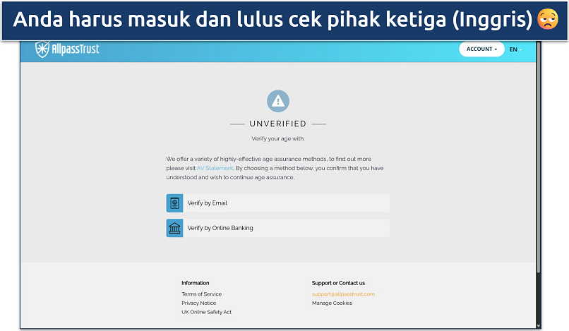 Screenshot of the AllpassTrust age verification page, showing options for email or online banking options