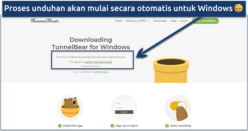 Screenshot showing how to download TunnelBear for Windows