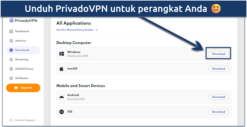 Screenshot of the free VPN download page of PrivadoVPN