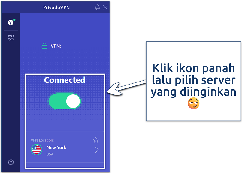 Screenshot of the PrivadoVPN app for Windows connected to the USA New York server